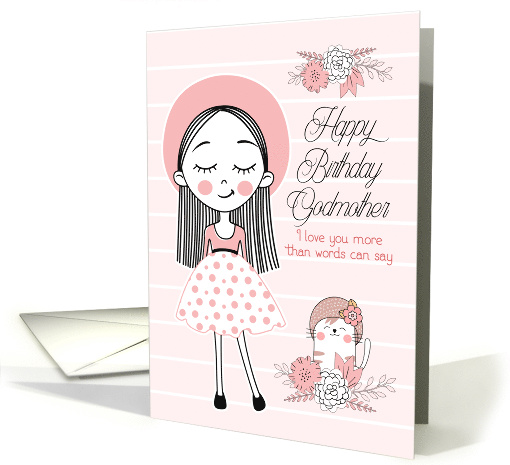 Godmother's Birthday Illustrated Pink Girl and Cat card (1682642)