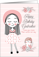 Godmother’s Birthday Illustrated Pink Girl and Cat card