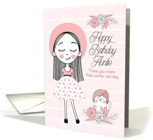 Auntie's Birthday BEST AUNT in the World Pink Girl and Cat card