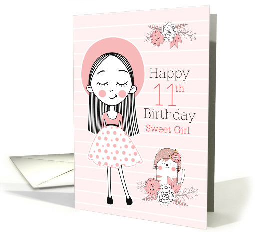 11th Birthday Little Girl and Cat in Pink White and Black card