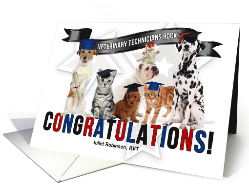 Congratulations Vet Tech Graduate Cats and Dogs with Name card