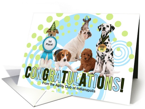 Dog Agility Congratulations Five Dogs Celebrating with Name Blank card
