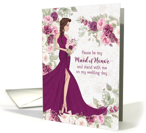 Maid of Honor Bridal Party Invitation in Plum Ranunculus card