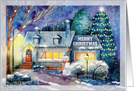 Merry Christmas Decorated Home with Winter Snowman card