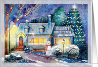 Season’s Greetings Decorated Home with Winter Snowman card