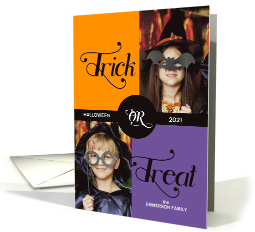 Trick or Treat Cute Halloween Two Photos in Purple and Orange card