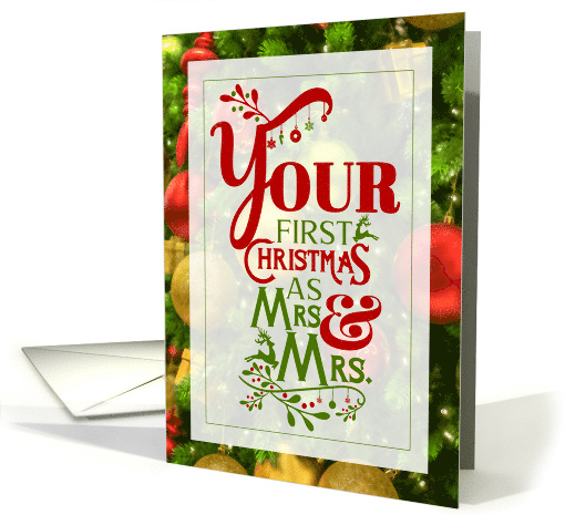 Mrs and Mrs First Christmas Typography and Tree Ornaments card