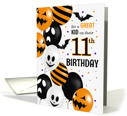 Child's 11th Birthday on Halloween Balloons and Polka Dots card