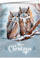 Merry Christmas Woodland Owl Couple in Snowy Pine Forest card