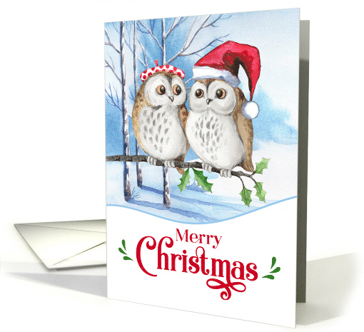 Merry Christmas Woodland Owl Couple in Snowy Birch Forest card