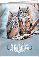 Happy Holidays Woodland Owl Couple in Snowy Pine Forest card