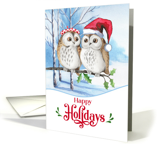 Happy Holidays Woodland Owl Couple in Snowy Birch Forest card