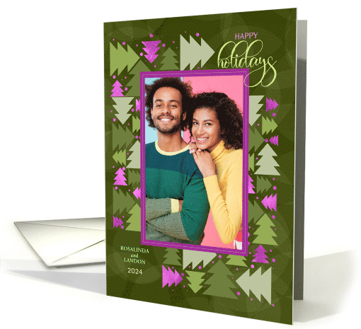 Happy Holidays Sage Green and Purple Christmas Trees with Photo card