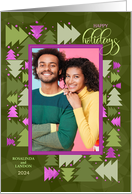 Happy Holidays Sage Green and Purple Christmas Trees with Photo card