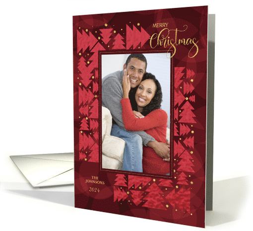 Merry Christmas Deep Red Holiday Trees and Faux Gold Leaf Photo card