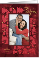 Merry Christmas Deep Red Holiday Trees and Faux Gold Leaf Photo card