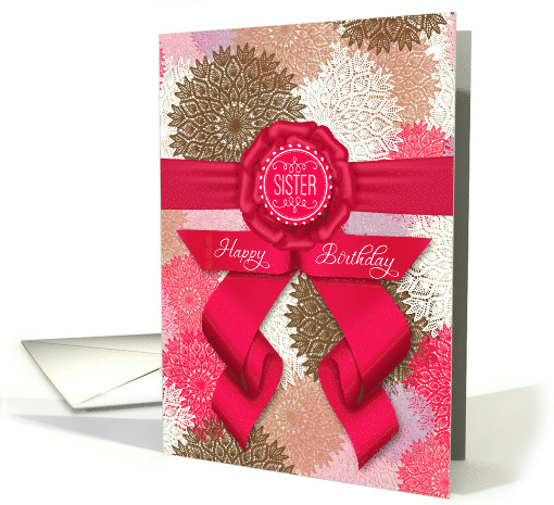 for Sister Birthday Deep Rose Pink Ribbon and Doily Pattern card