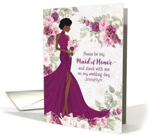 Maid of Honor Plum Ranunculus Bride with Brown Skin Custom card