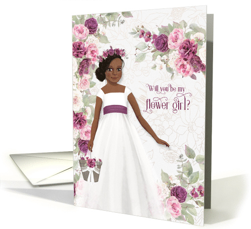 Flower Girl Request Brown Skin with Plum Ranunculus card (1711192)