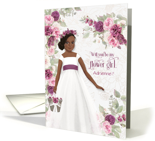 Flower Girl Request Brown Skin with Plum Ranunculus Custom card