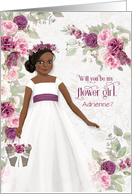 Flower Girl Request Brown Skin with Plum Ranunculus Custom card