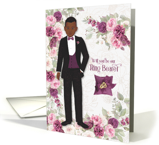 Ring Bearer Wedding Party Request Brown Skin Plum Ranunculus card