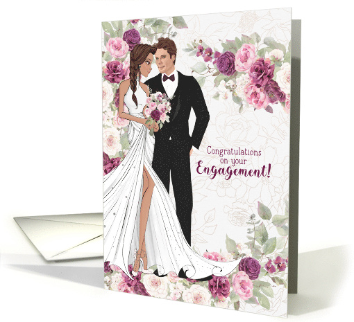 Engagement Congratulations Bride and Groom with Plum Ranunculus card