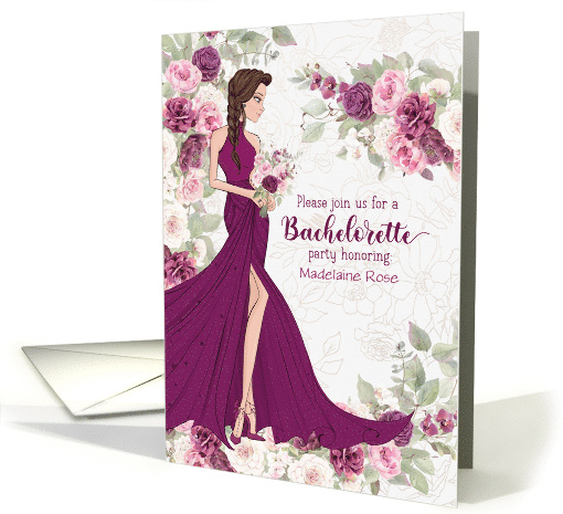 Bachelorette Party Invite Bride to Be in Plum Blossoms with Name card