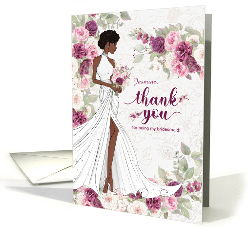 Bridesmaid Thank You Black Bride with Plum Blossoms Custom card