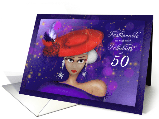 50 and Fabulous and Fashionable in Red with Purple Dress Birthday card