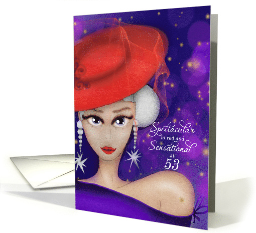53 and Fabulous and Fashionable in Red with Purple Dress Birthday card