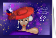 67 and Spectacular and Sensational in Red with Purple Dress Birthday card