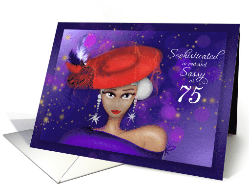 75 and Sophisticated and Sassy in Red with Purple Dress Birthday card