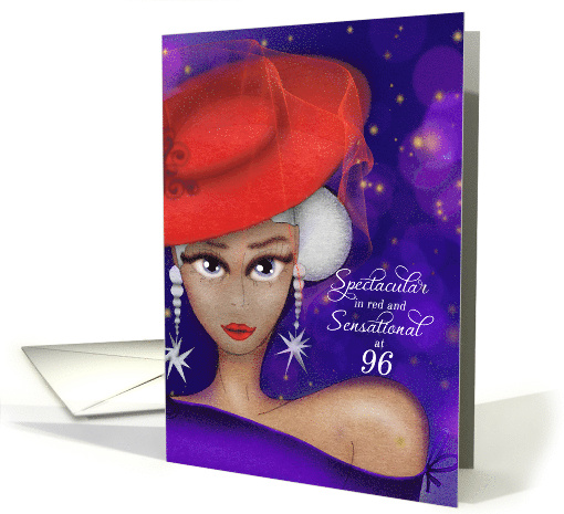 96 Spectacular and Sensational in Red with Purple Dress Birthday card