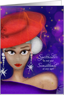Spectacular and Sensational in Red with Purple Dress Birthday card