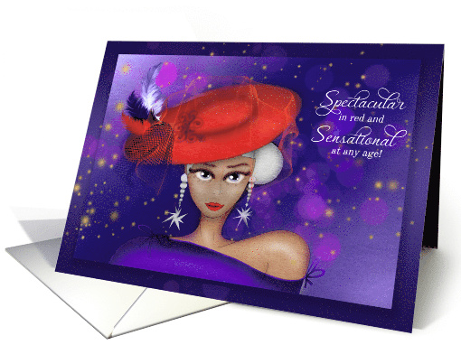 Spectacular and Sensational in Red with Purple Dress Birthday card