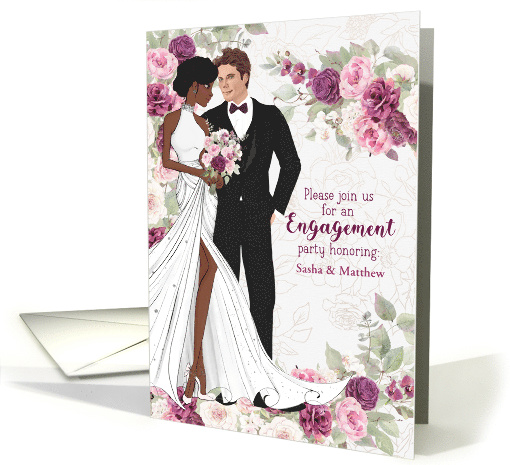 Brown Bride White Groom Engagement Party in Plum Custom card (1717970)