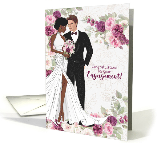Interracial Engagement Congratulations in Plum and Pink Blossoms card