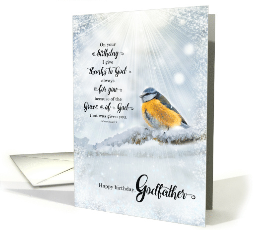 Godfather's Birthday 1 Corinthians 1 Verse 4 Winter Bird card