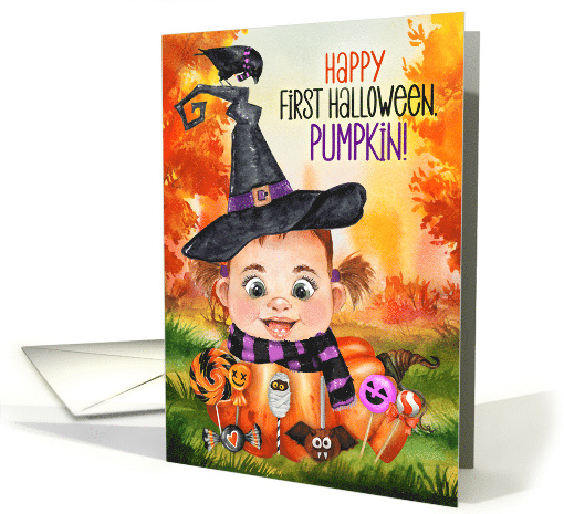 Little Witche's First Halloween Baby Girl in a Pumpkin with Candy card