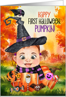 Little Witche’s First Halloween Baby Girl in a Pumpkin with Candy card