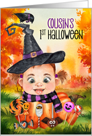 Cousin’s First Halloween Girl Witch with Pumpkin and Candy card