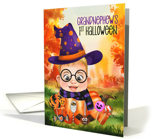 Grandnephew's First Halloween Boy Wizard with Pumpkin and Candy card