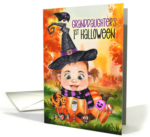 Granddaughter's First Halloween Girl Witch with Pumpkin and Candy card
