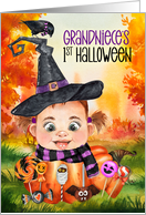 Grandniece’s First Halloween Girl Witch with Pumpkin and Candy card