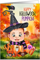 Happy Halloween Pumpkin with Baby Girl Witch and Raven card