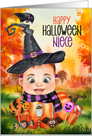for Niece Little Witch and Raven in a Halloween Pumpkin card