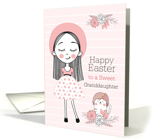 Granddaughter Easter Girl and Cat in Pink White and Black card