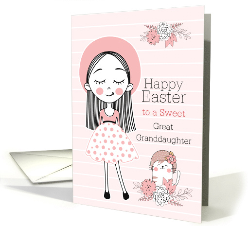 Great Granddaughter Easter Girl and Cat in Pink White and Black card