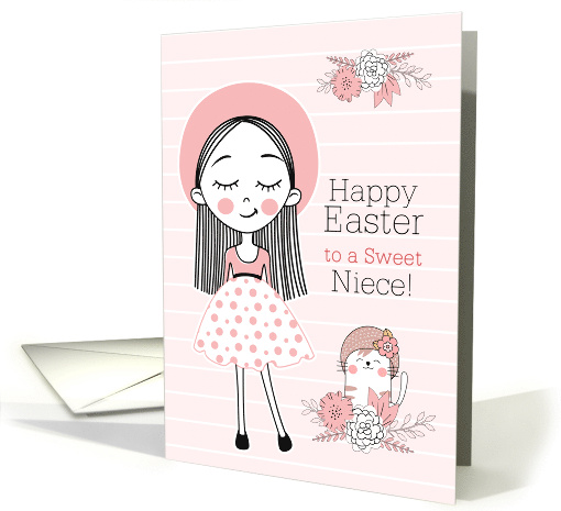 for Niece Easter Girl and Cat in Pink White and Black card (1730220)